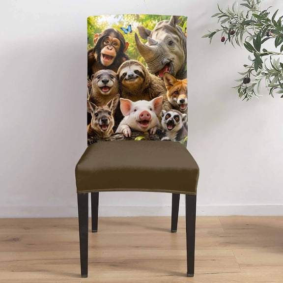 Wild Animal Dining Chair Covers Set of 1, Chimp Sloth Kangaroo Fox Pig Giraffe Rhinocero Chair Covers for Dining Room Removable Seat Protectors Slipcovers for Home Party Wedding Banquet