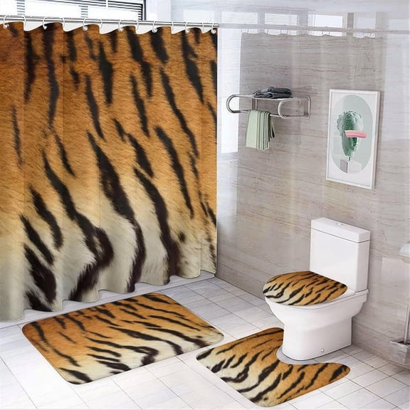 Wild Animal Fur Shower Curtain Sets with Rugs 4 Piece, Decor for Bathroom Toilet Bathroom Mat,3D Print,Brown Tiger Skin Texture Polyester Fabric 4 Pcs Set