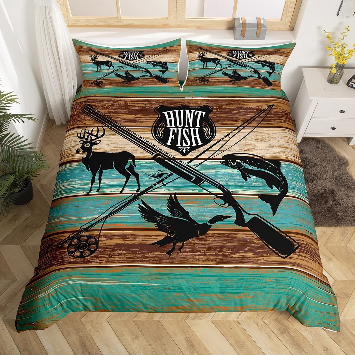 Wild Animal Hunting Duvet Cover Set,Hunt Fish Themed Retro Comforter