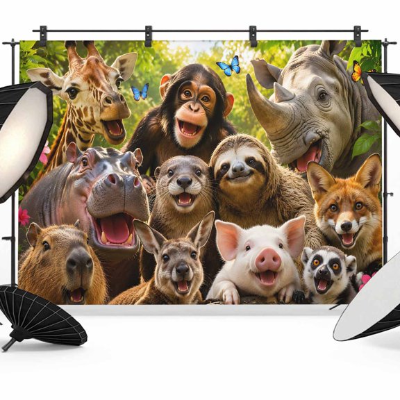 Wild Animal Pattern Backdrops for Photography, Chimp Sloth Kangaroo Fox Pig Giraffe Rhinocero Fabric Photo Background Sturdy Studio Props for Photo Studio, Video Recording, Booth & Photoshoot 7x5ft