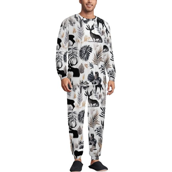 Wild Animal Pattern Men's Pajama Set Sleepwear Pjs Lightweight Long Sleeve Crewneck Shirts and Bottoms Soft Comfy Sleep Sets 2XL