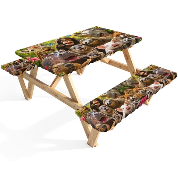 Wild Animal Picnic Table Cover with Bench Covers Chimp Sloth Kangaroo Fox Pig Giraffe Rhinocero Waterproof Fitted Picnic Tablecloth 3 Pieces Set Table Cloth for Outdoor Camping Garden BBQ