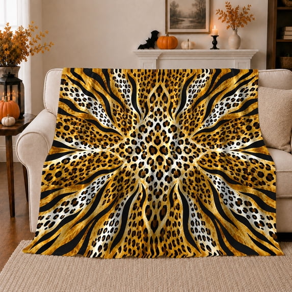 Wild Animal-Print Autumn Hearth Design, Festive autumn celebration Scene, Warm Flannel Blanket for Cabin and Lodge with Detailed Artwork, Wildlife Lovers autumn celebration Gift, Festive Home Decor