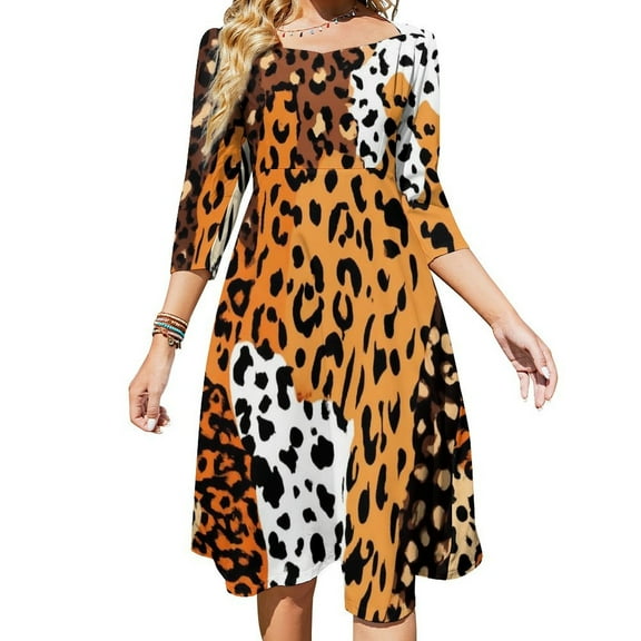 Wild Animal Print Collage Pattern Women's Fall Dresses Casual Loose Flowy Swing Shift Dress