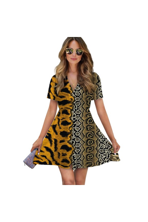 Wild Animal Print Fabric Women Dress V-Neck Short Sleeve Flowy Swing Party Midi Dress