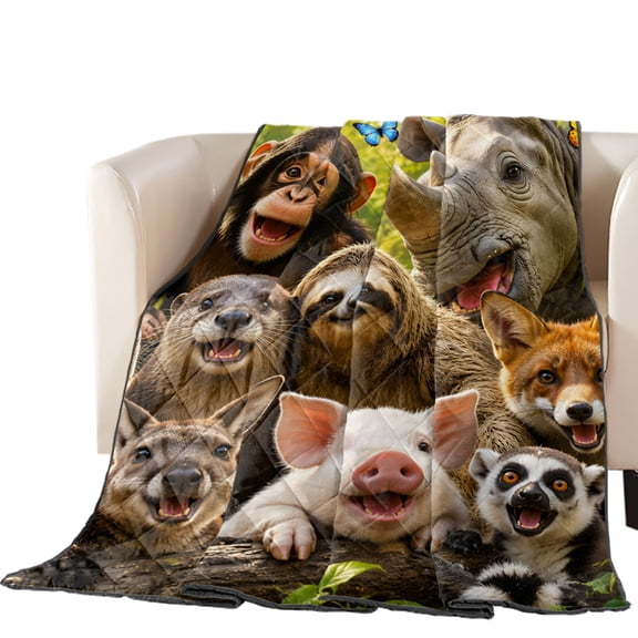 Wild Animal Quilted Comforters Cooling Blanket Oversized King Size, Chimp Sloth Kangaroo Fox Pig Giraffe Rhinocero Cold Comfort for Hot Sleepers Lightweight Air Conditioning Quilt Blanket for Bed