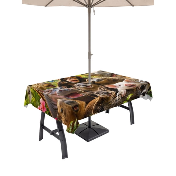 Wild Animal Rectangle Outdoor Tablecloth with Umbrella Hole Chimp Sloth Kangaroo Fox Pig Giraffe Rhinocero 60x120 Inch Waterproof Table Cover Zippered Table Cloth for Garden Patio