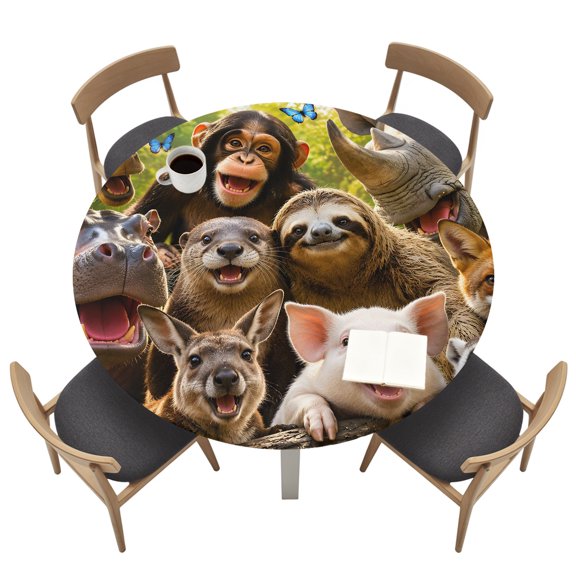 Wild Animal Round Fitted Table Cover Chimp Sloth Kangaroo Fox Pig Giraffe Rhinocero Waterproof Table Cloth with Elastic Edge Wipeable Tablecloth for Picnic Camping Party Fits 55"-60" Tables