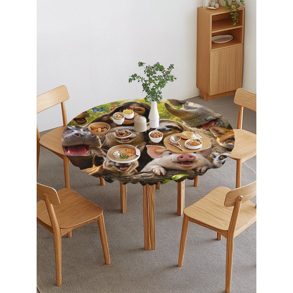 Wild Animal Round Fitted Tablecloth with Elastic Edge, Chimp Sloth Kangaroo Fox Pig Giraffe Rhinocero Waterproof Stretch Table Covers for 55"-60" Tables Wipeable Table Cloth for Outdoor