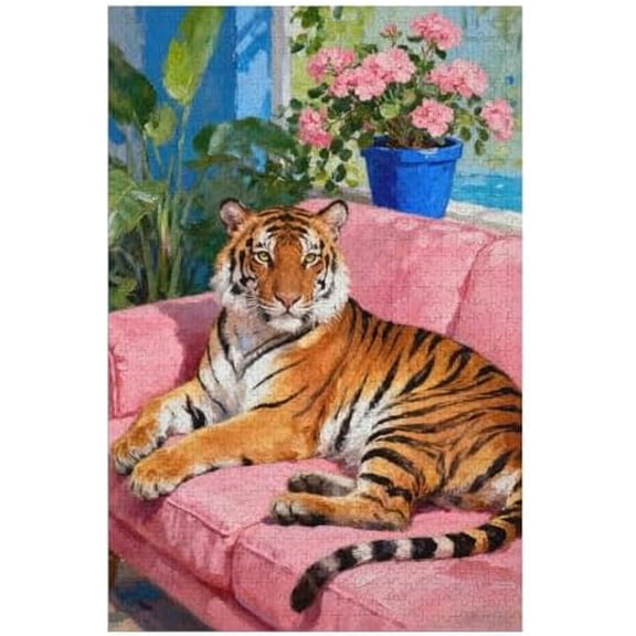 Wild Animal Tiger Laying on Sofa 500 Piece Puzzle for Adults, Hard Tiger Jigsaw for Teens and Adults, Family Game Night, Home Wall Decor, 20.5x15 in