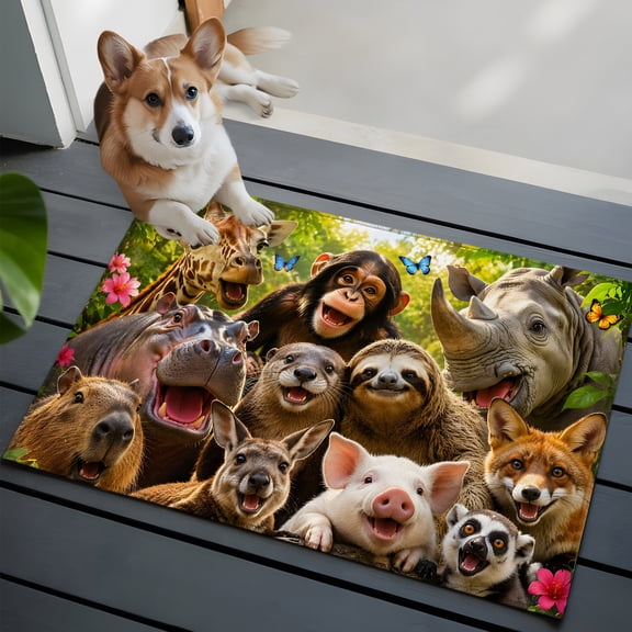 Wild Animal Washable Entry Rug 2x3 Chimp Sloth Kangaroo Fox Pig Giraffe Rhinocero Low Pile Indoor Door Mat with Rubber Backing Thin Area Rug for for Entrance, Bedroom, Kitchen, Laundry, Bathroom