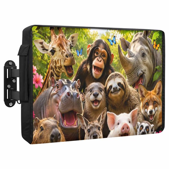 Wild Animal Waterproof Outdoor TV Cover, Chimp Sloth Kangaroo Fox Pig Giraffe Rhinocero Outside Weatherproof TV Enclosures for 36 to 39 Inch LCD Television Shield Flat Screen Protectors