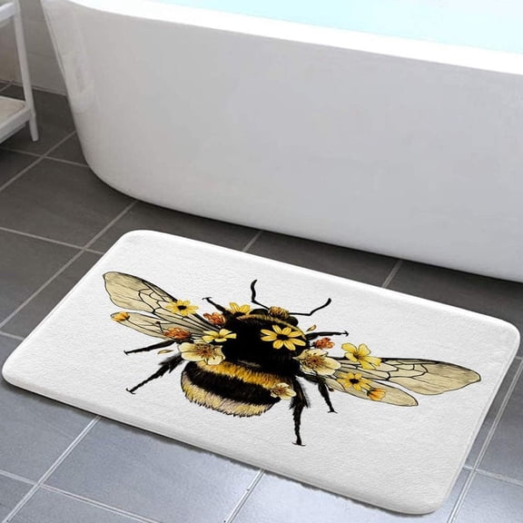 Wild Animals Bee with Daisy Flower Bathroom Rug Bath Mat, Farmhouse Modern Bird Bee Garden Vintage Queen Floral Kitchen Shower Mat, Bedroom Door Mat, 19X31in