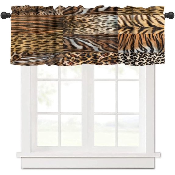 Wild Animals Curtain Valance for Kitchen Cheetah Zebra Tiger Animal Fur Pattern Hunters Cabins Decor Rod Pocket Window Curtain Valance for Living Room Bathroom Bedroom 54x18inch