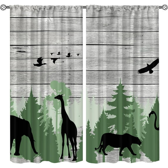 Wild Animals Farmhouse Curtains, Elephant Leopard Giraffe Wood Panel Home Decor Curtains, Bedroom Living Room Blackout Curtains, Do Not Fade Pattern Clear Set of 2 Panels for Kid Room-W42xL63in