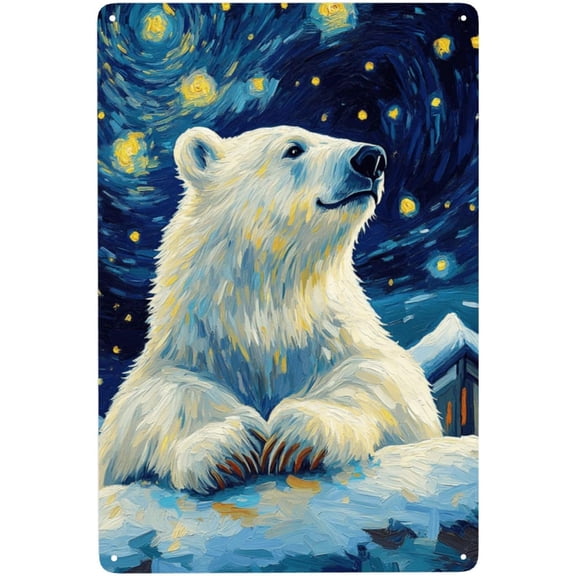 Wild Animals Metal Tin Sign, Starry Sky Polar Bear Oil Painting Wall Art, Easy to Hang Indoor or Outdoor, 8 x 12 Inches