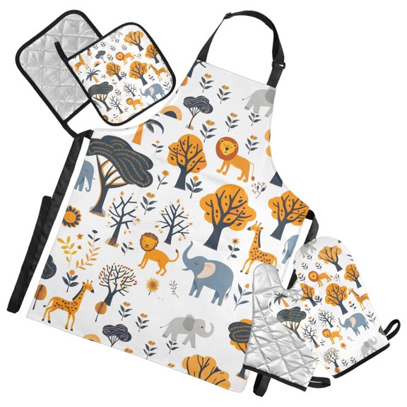 Wild Animals and Tree 5 Pcs Kitchen Set Heat Resistant Oven Mitts and Non-Slip Pot Holders with Adjustable Cooking Apron