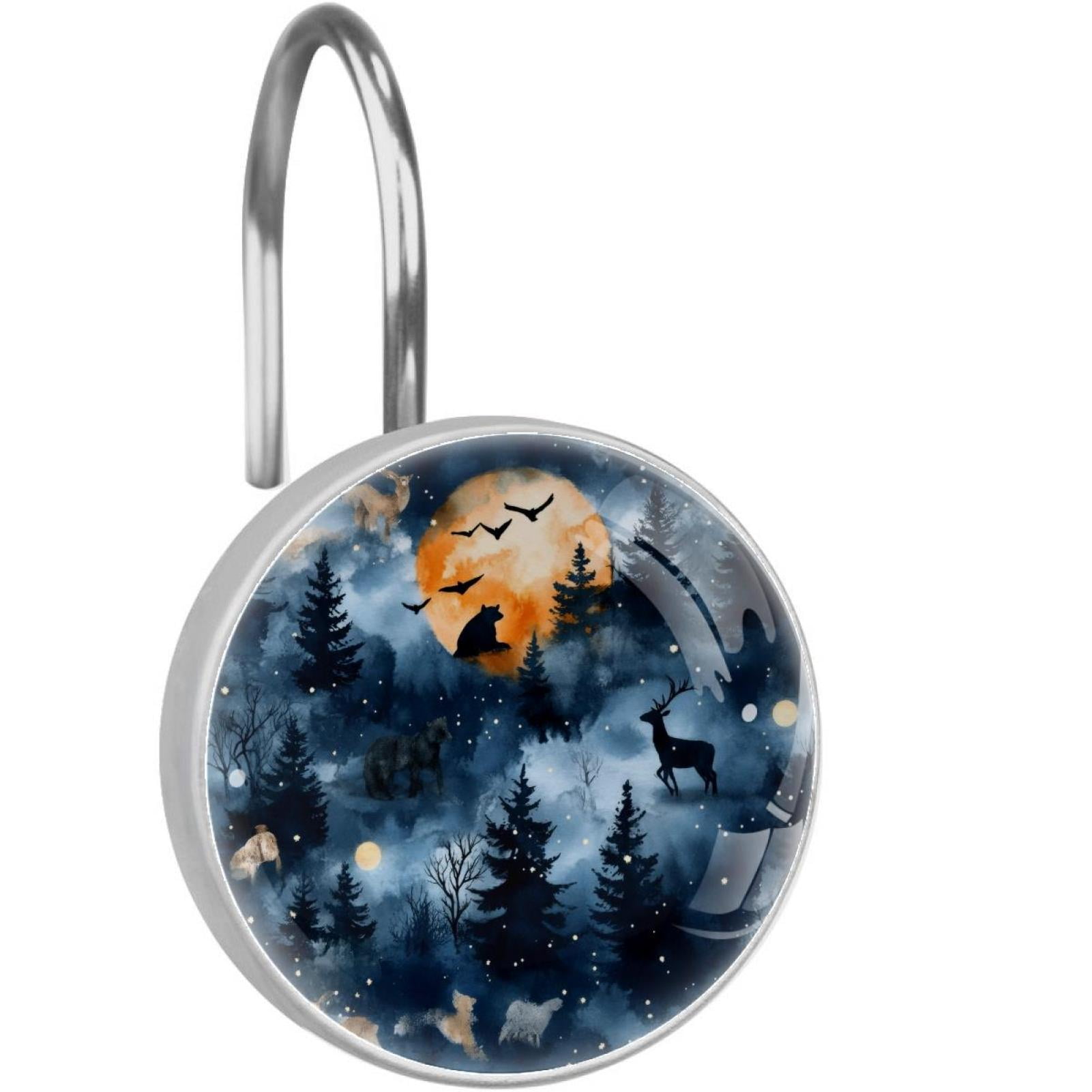 Wild Animals on Forest Silhouette Shower Curtain Hooks Round Crystal Glass, Set of 12 Shower Curtain Rings - Shower Hooks for Curtain Shower Rings