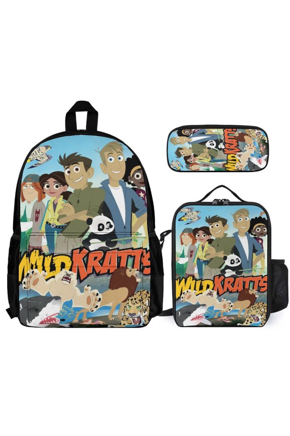 Wild Anime Kratts 3 Pcs Backpack Set With Lunch Bag And Pencil Case Casual Bookbag Lunch Box Pencil Box