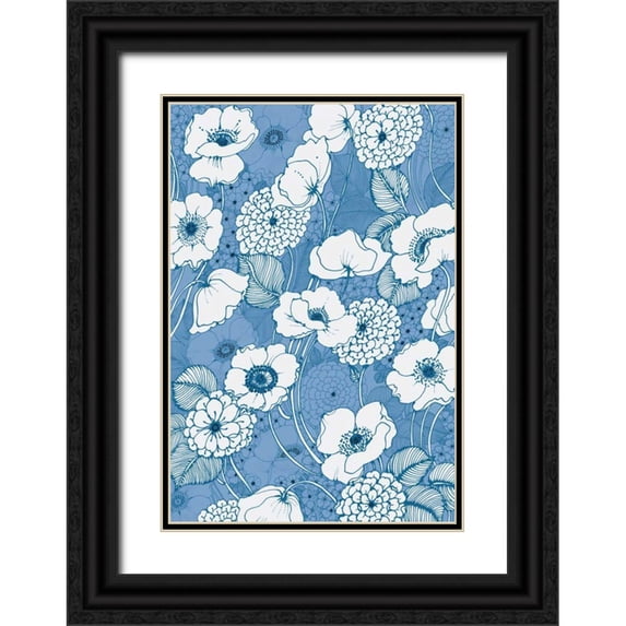 Wild Apple Portfolio 11x14 Black Ornate Wood Framed with Double Matting Museum Art Print Titled - Pen and Ink Flowers on Blue