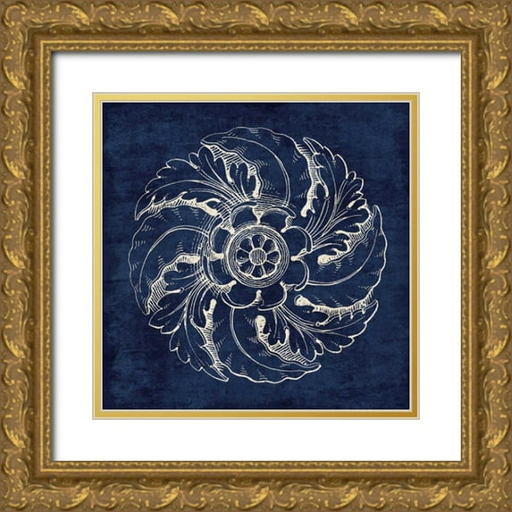 Wild Apple Portfolio 12x12 Gold Ornate Wood Framed with Double Matting Museum Art Print Titled - Rosette IV Indigo