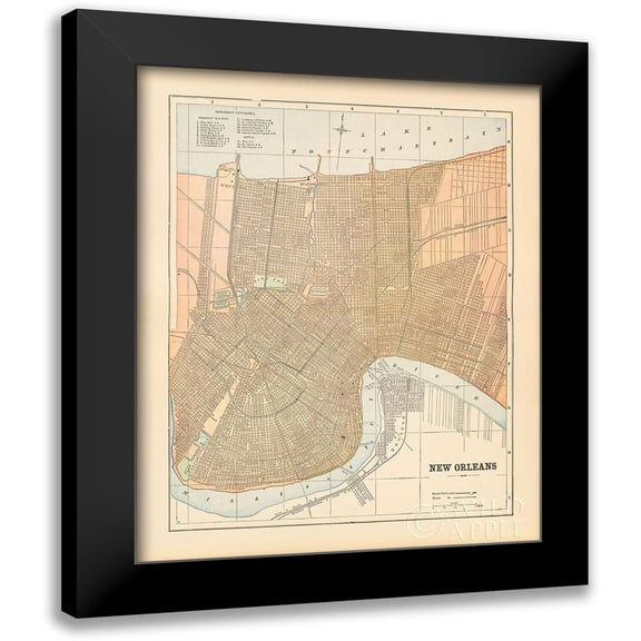 Wild Apple Portfolio 12x14 Black Modern Framed Museum Art Print Titled - Map of New Orleans