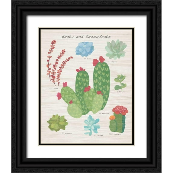 Wild Apple Portfolio 12x14 Black Ornate Wood Framed with Double Matting Museum Art Print Titled - Succulent and Cacti Chart IV on Wood
