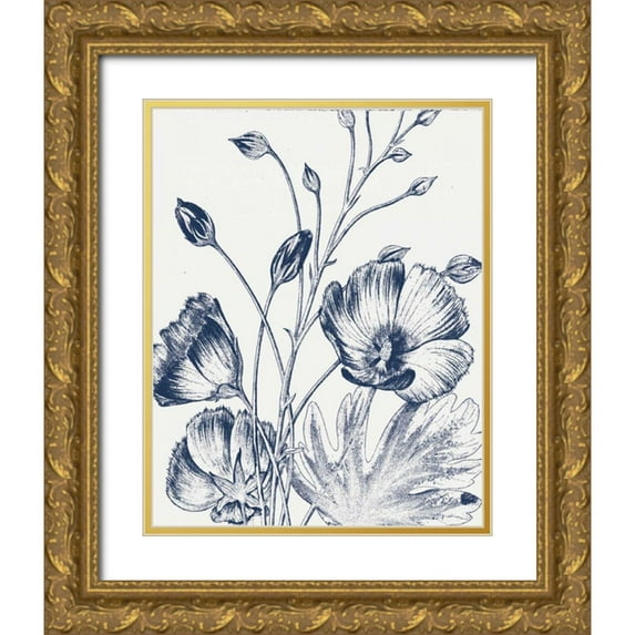 Wild Apple Portfolio 12x14 Gold Ornate Wood Framed with Double Matting Museum Art Print Titled - Botanical Beauty Chalk IX Blue on White Crop