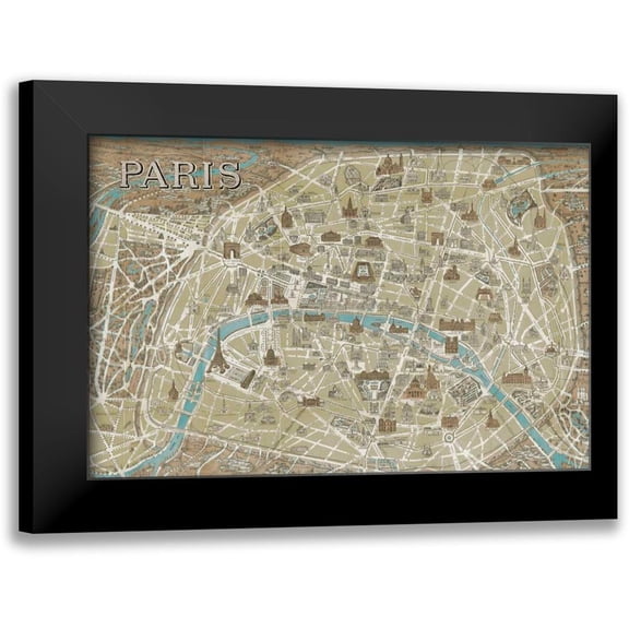 Wild Apple Portfolio 14x11 Black Modern Framed Museum Art Print Titled - Monuments of Paris Map Blue