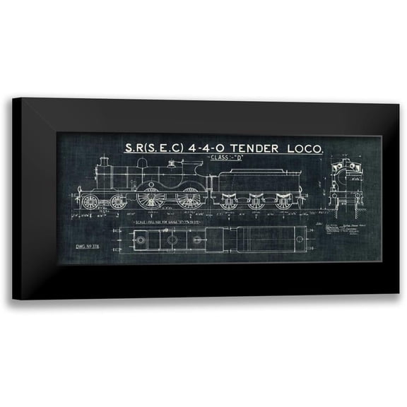 Wild Apple Portfolio 14x8 Black Modern Framed Museum Art Print Titled - Train Blueprint II Black