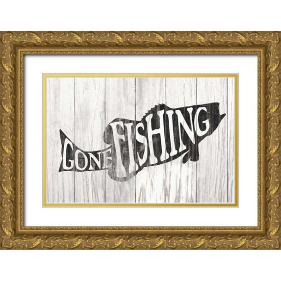 Wild Apple Portfolio 18x13 Gold Ornate Wood Framed with Double Matting Museum Art Print Titled - Gone Fishing Sign