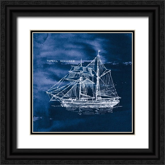 Wild Apple Portfolio 20x20 Black Ornate Wood Framed with Double Matting Museum Art Print Titled - Sailing Ships V Indigo