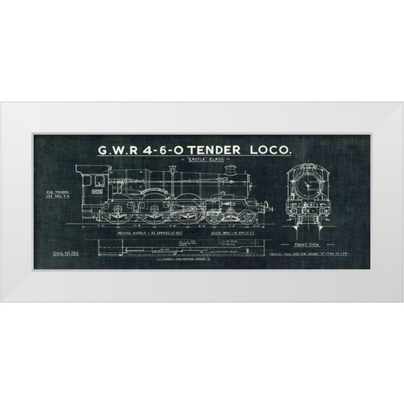 Wild Apple Portfolio 24x12 White Modern Wood Framed Museum Art Print Titled - Train Blueprint III Black