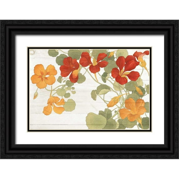 Wild Apple Portfolio 24x17 Black Ornate Wood Framed with Double Matting Museum Art Print Titled - Summer Nasturtiums Cottage