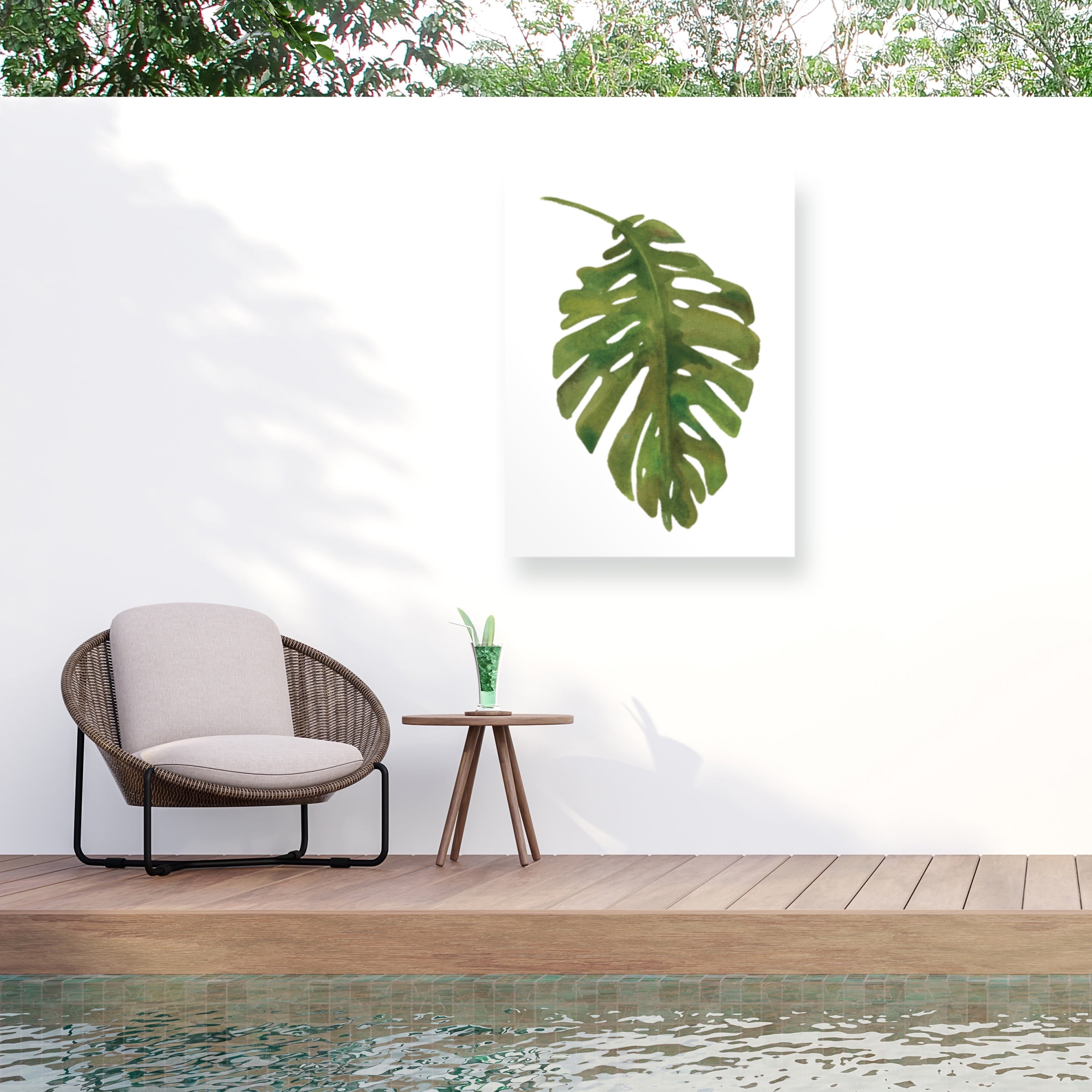 Large Green Leaf Portrait on White Canvas with Aluminum and Wood Frame