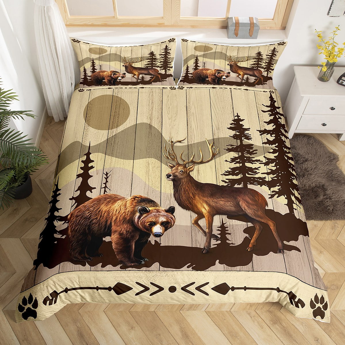 Wild Bear Bedding Set Deer Hunting Comforter Cover Woodland Animals