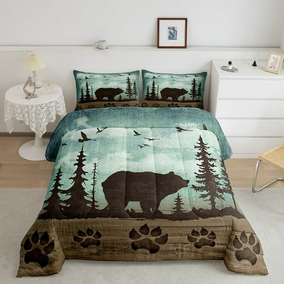 Wild Bear Bedding Set Rustic Pine Trees King Comforter Set ,Woodland Animals Quilt Vintage Brown Lodge Cabin Duvet Insert,Wildlife Bear Paw Farmhouse Decor