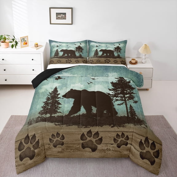 Wild Bear Bedding Set Rustic Pine Trees Queen Comforter Set ,Woodland Animals Quilt Vintage Brown Lodge Cabin Duvet Insert,Wildlife Bear Paw Farmhouse Decor