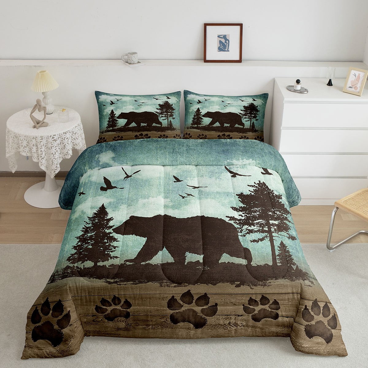 Wild Bear Bedding Set Rustic Pine Trees Queen Comforter Set for Girls