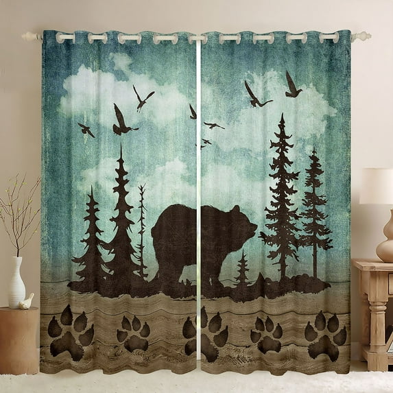 Wild Bear Blackout Curtains for Bedroom Rustic Pine Trees 2 Panels 42"Wx90"L Curtains,Woodland Animals Curtains & Drapes Retro Brown Lodge Cabin Bear Paw Farmhouse Decor