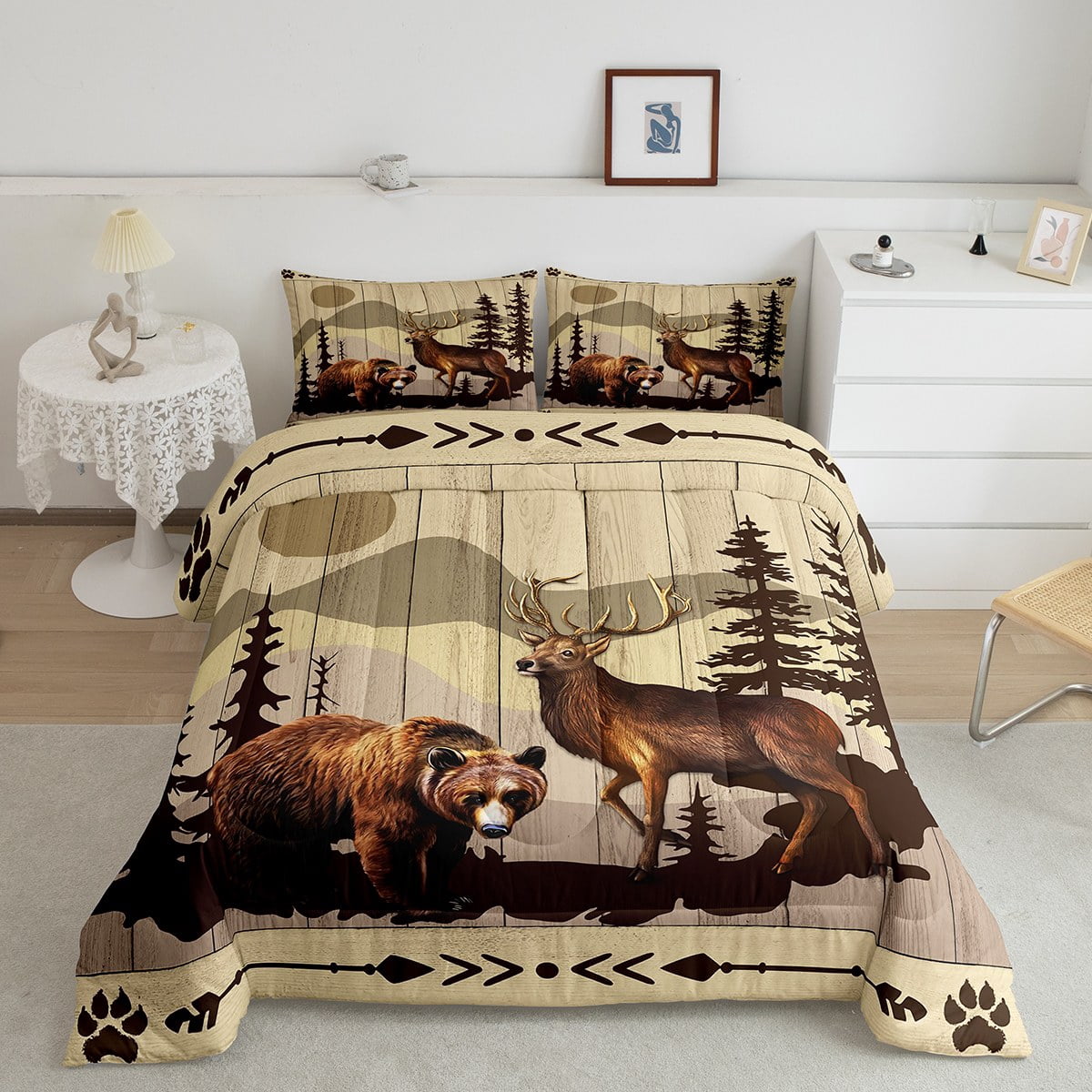 Erosebridal Moose Comforter Set – Rustic Pine Trees & Woodland Animals Full Bedding, Brown Lodge Cabin Decor