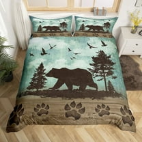 Wild Bear Duvet Cover Rustic Pine Trees Queen Bedding Sets ,Woodland Animals Comforter Cover Vintage Brown Lodge Cabin Bed Set,Wildlife Bear Paw Farmhouse Decor