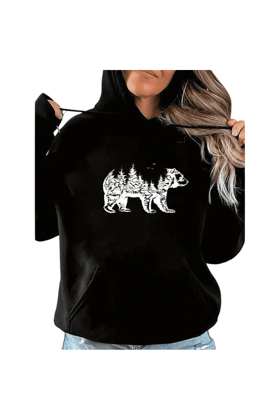 Wild Bear Forest Graphic Sweatshirt Print Hoodie Black Outdoor Nature S-2XL Tops