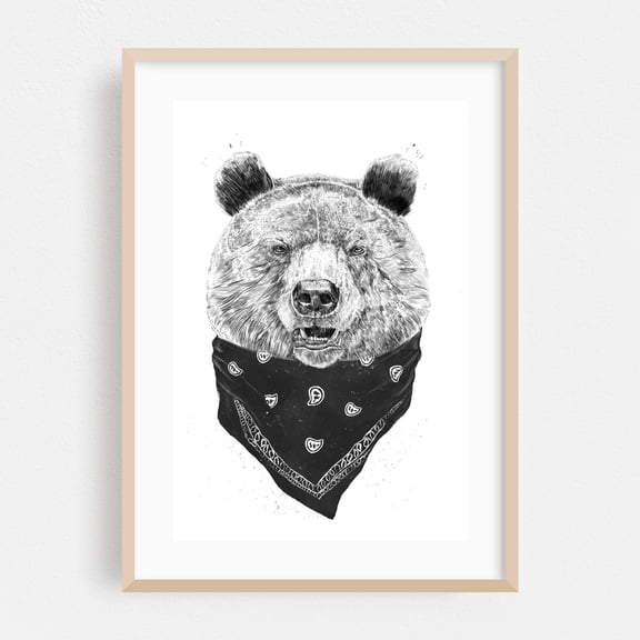 Wild Bear - Illustration Animal Black and White Wildlife Line Art Humor Oak Framed Wall Art Print 5 x 7 inches