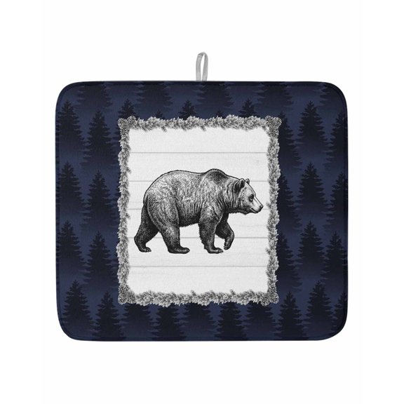 Wild Bear Pine Needle Wood Grain Dish Drying Mats for Kitchen Counter,Absorbent Microfiber Dish Drainer Rack Mat Blue Forest Textures Drying Pad for Sinks,Utensils,Countertops,16x18in