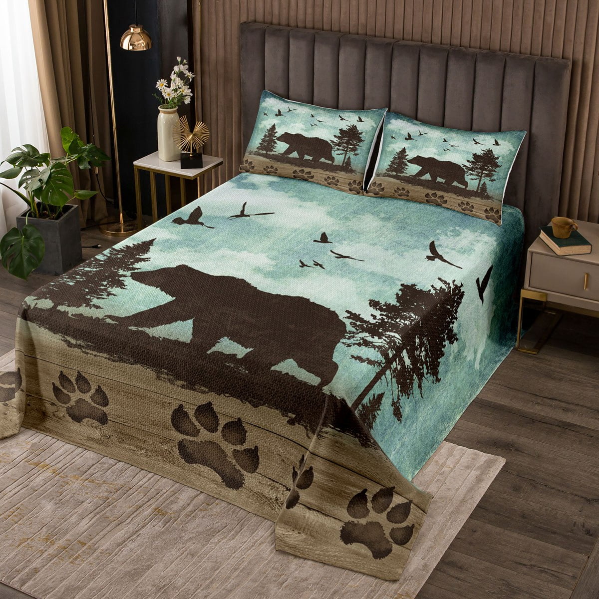 Bear Quilt Set – Rustic Cabin Bedding With Forest Design, Twin Size, Cotton Blend