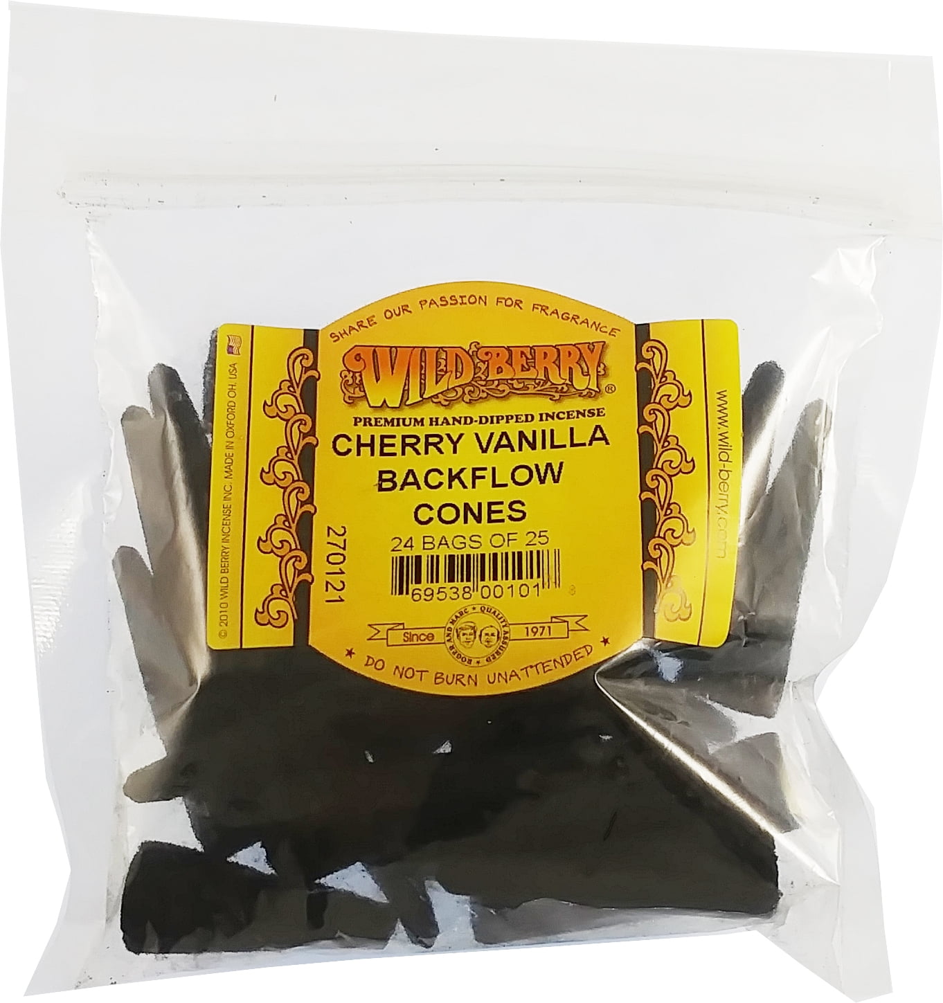 Wild Berry Cherry Vanilla Backflow Incense Cones [25 Cones Per Pack - Black]