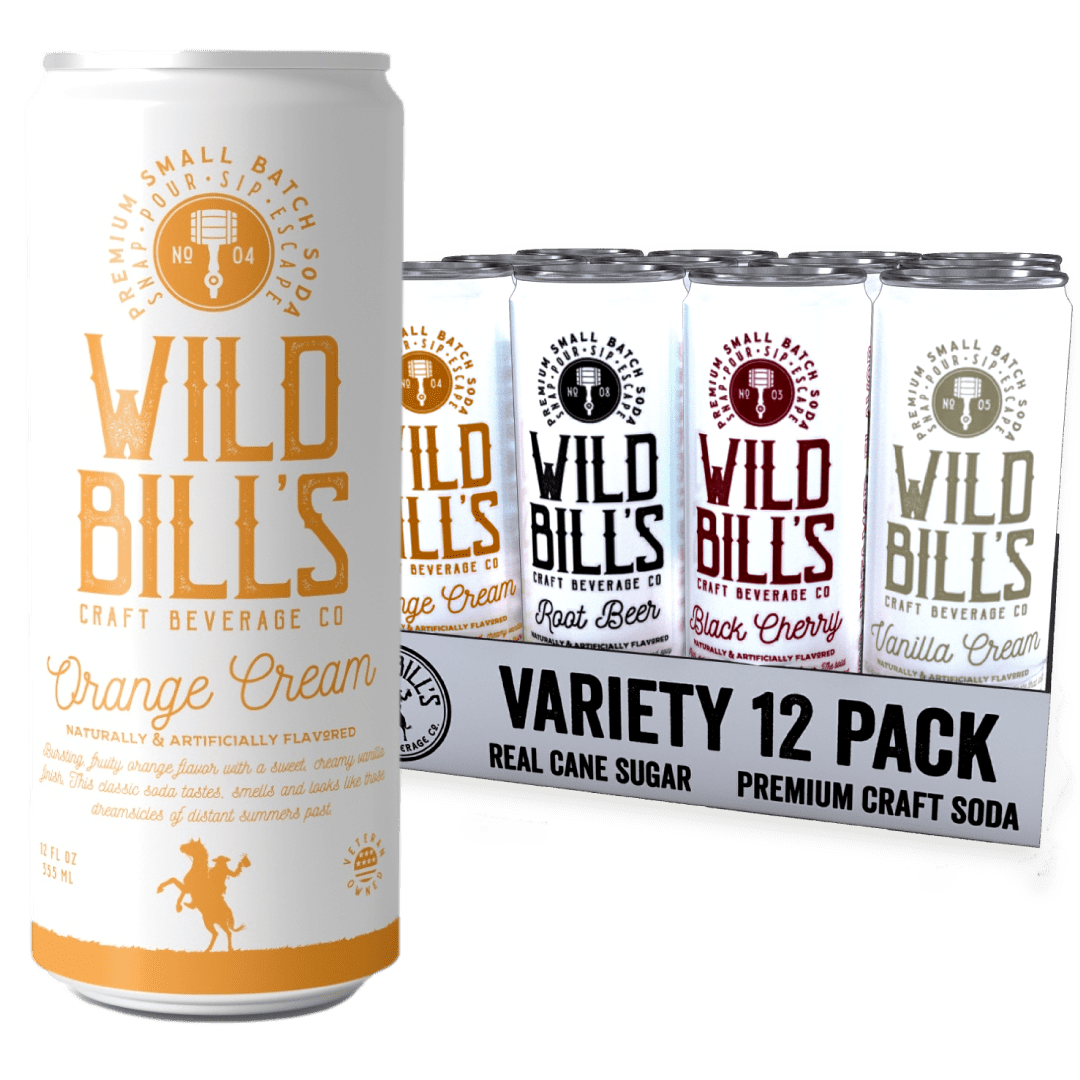 Wild Bill's - 4-Flavor Soda Variety Sampler, Root Beer + Vanilla Cream + Black Cherry + Orange Cream, Pure Cane Sugar, NO High Fructose Corn Syrup, Caffeine Free, Gluten Free, Vegan (12 oz, 12-Pack)