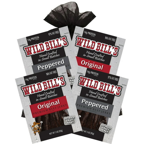 Wild Bill's 4-Piece Beef Jerky Sampler (Two 3oz packs each of Original Hickory and Black Peppered)
