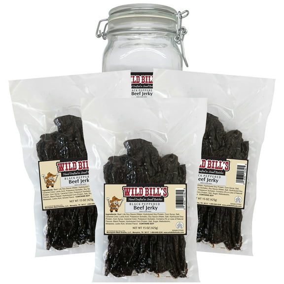 Wild Bill's Black Peppered Beef Jerky Three-Bag Starter Kit (three 15oz bags and 1 jar)